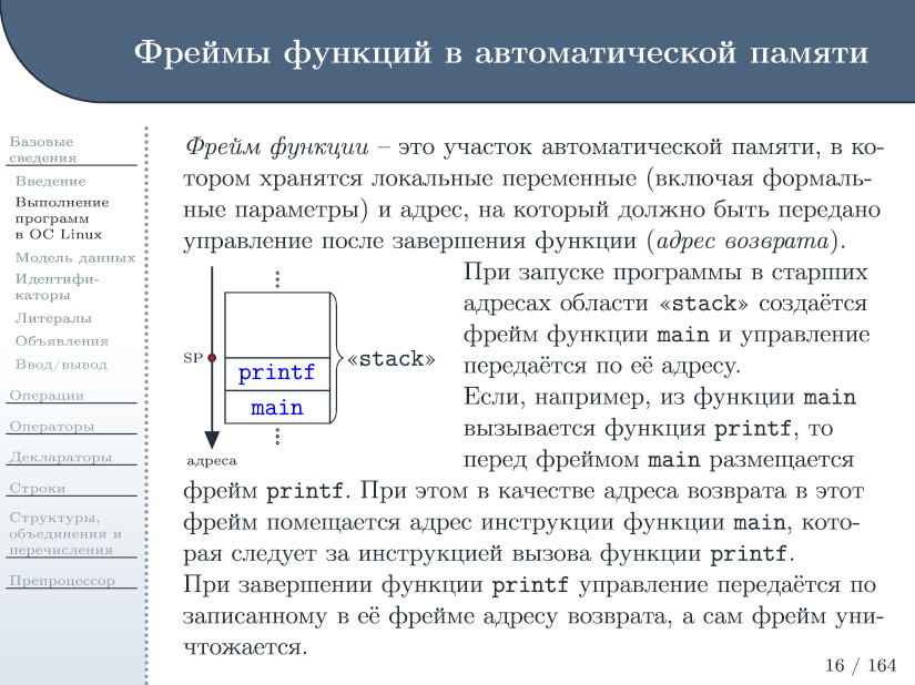 Фреймы функций в автоматической памяти